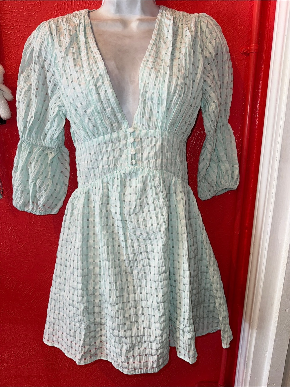 Mint V-Neck Textured Mini Dress with Puff Sleeves and Covered Buttons